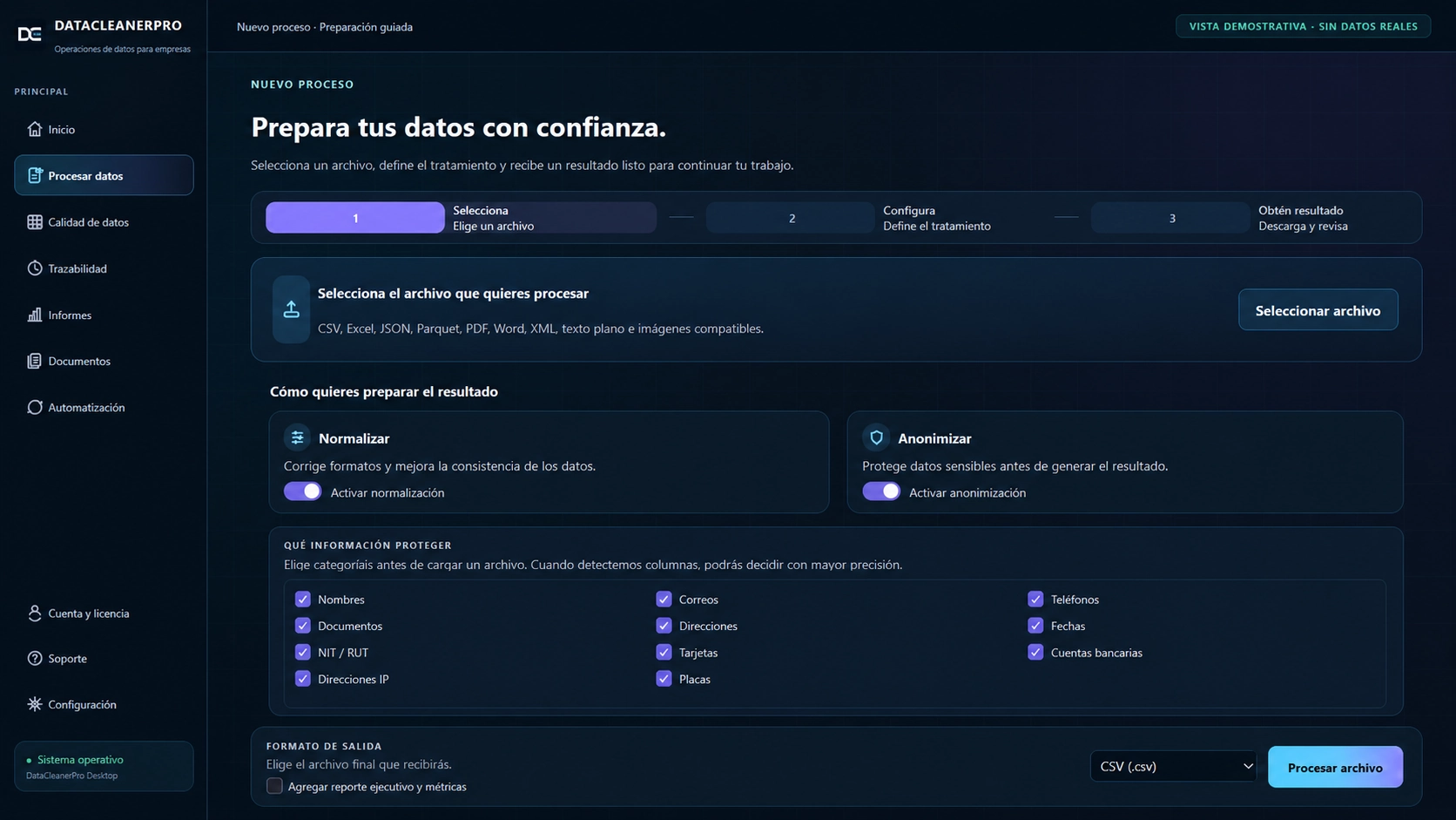 Vista demostrativa de la preparación guiada de archivos con opciones de normalización, anonimización y formato de salida